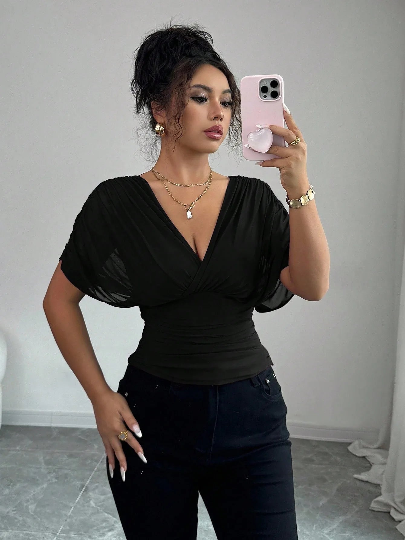 Elegant Deep V Neck Flutter Sleeve Waist Cinching Top for Women