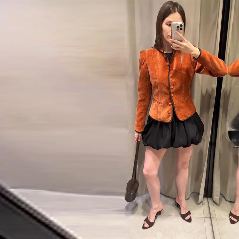 Slim Stand Collar Single-Breasted Short Jacket for Women