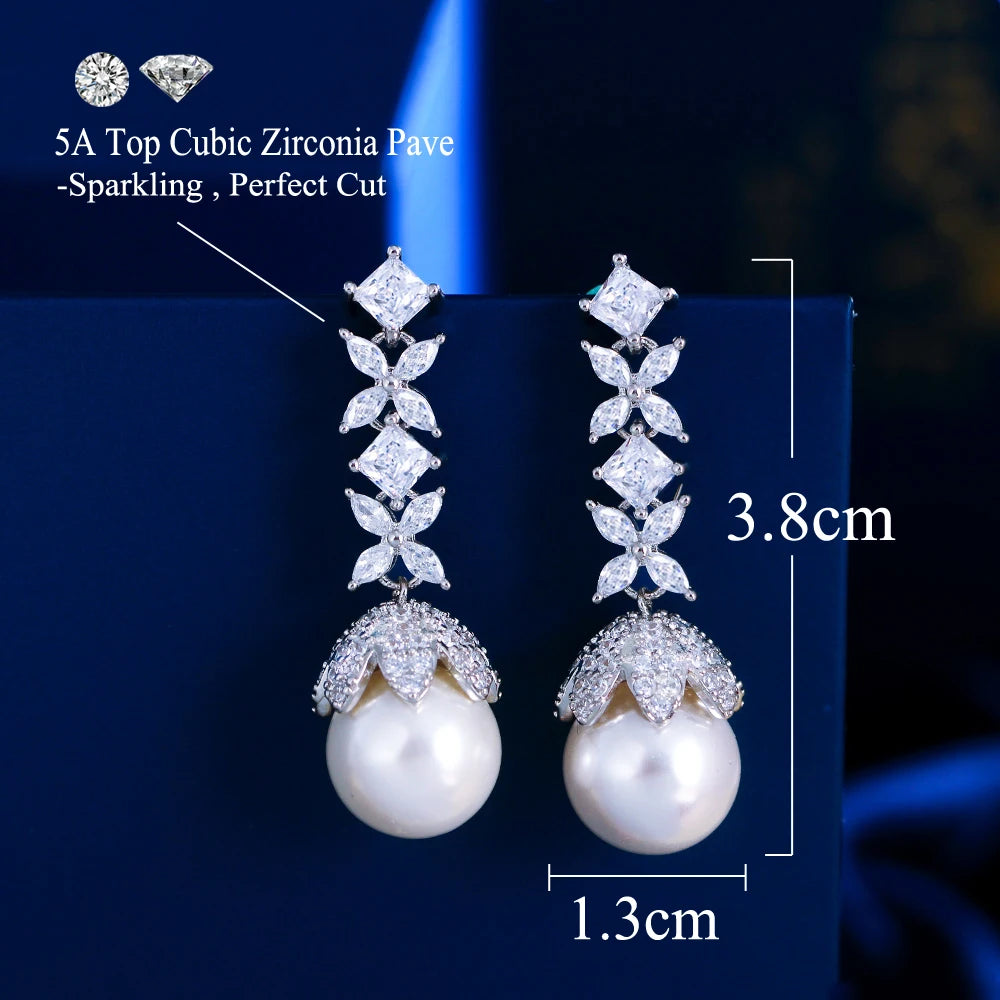 Elegant Cubic Zirconia Leaf Pearl Drop Earrings for Women
