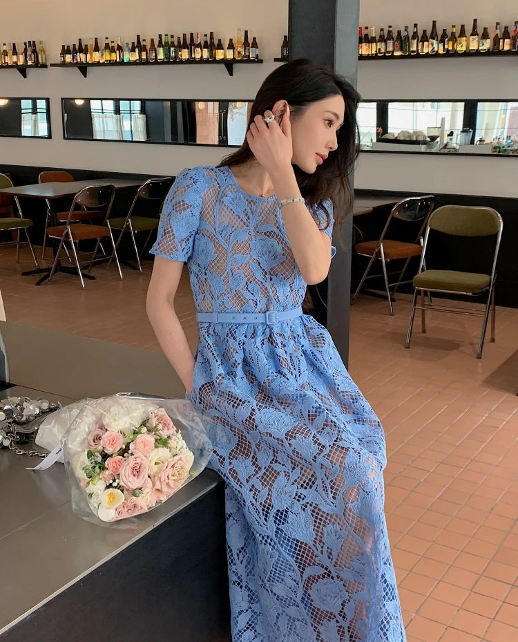 High-end Blue Heavy Lace Hollow Round Neck Short Sleeve Women's Summer Dresses New Elegant High Waist Slim Long Party Dress