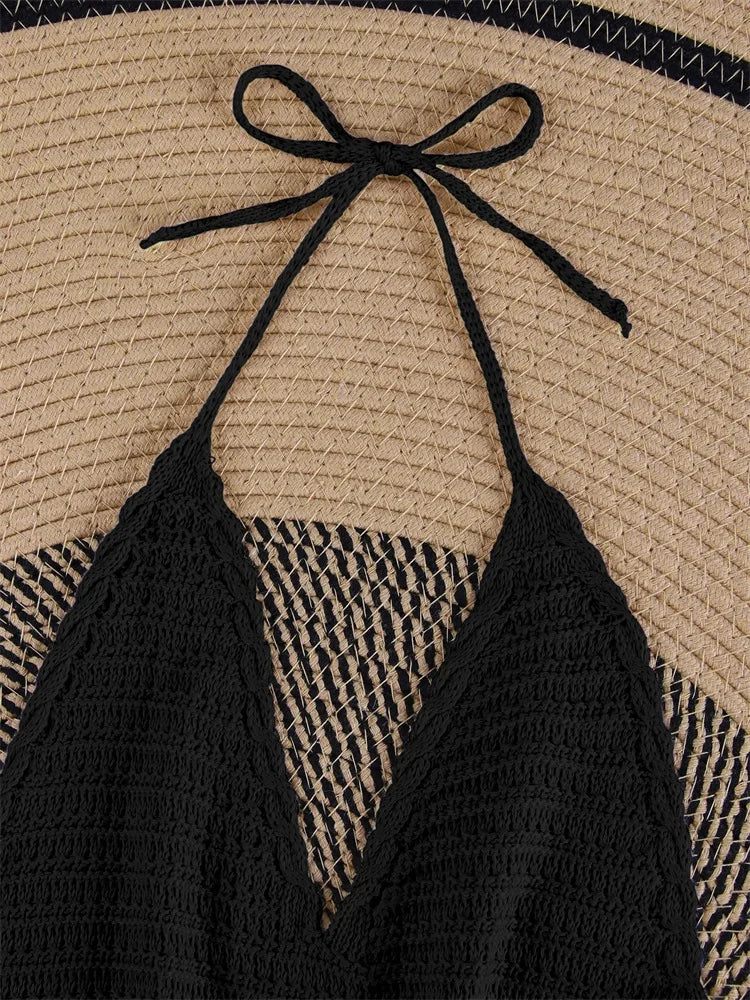 Solid Knit Halter V-neck Side Cross Straps Slim Beach Mini Dress 2025 Women Crochet Beach Swimsuit Cover Up Vacation Outfit K104