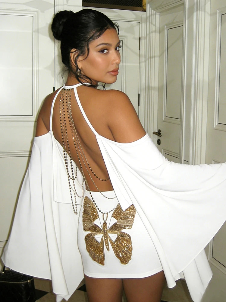 Metal Chain Backless Halter Batwing Collar Dress for Women