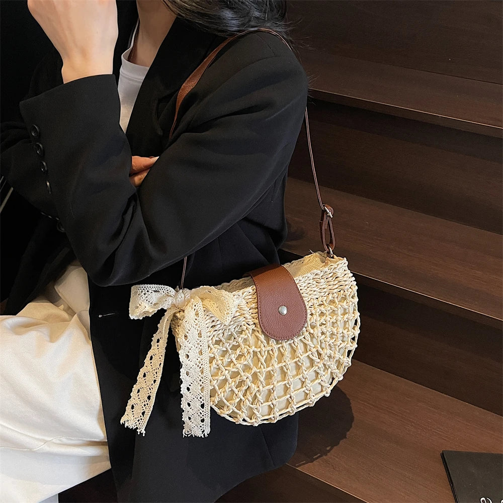 Straw Knitted Shoulder Bag With Bowknot Handmade for Women
