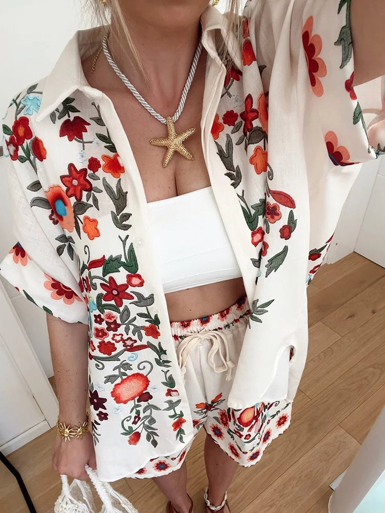 Women Cardigan Top Shorts Two Pieces Sets, Summer Holiday Fashion Half Sleeve Chic Outfit, 2025 Print Elastic Waist Ladies Suits