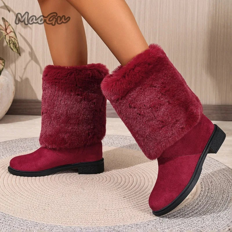 Plush Faux Fur Slip On Mid Calf Winter Snow Boots For Women