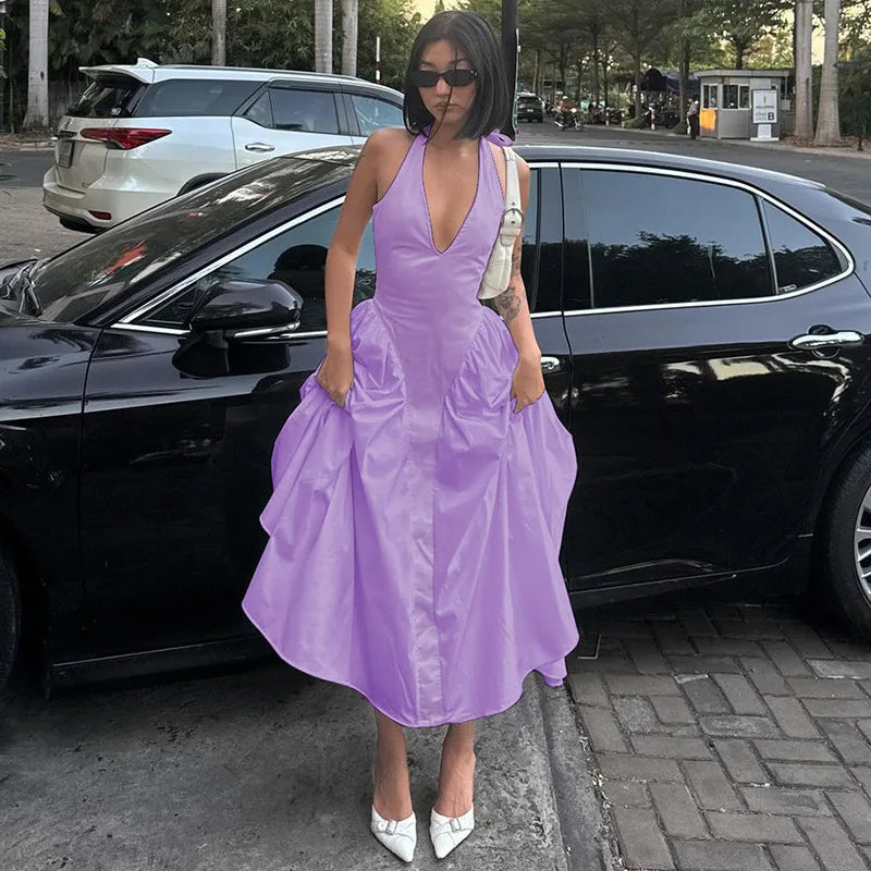 Elegant Halter V Neck Backless Maxi Dress For Women