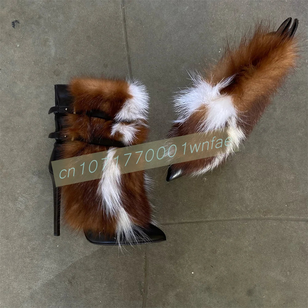 Faux Fur Trim Buckle Strap Stiletto Boots for Women