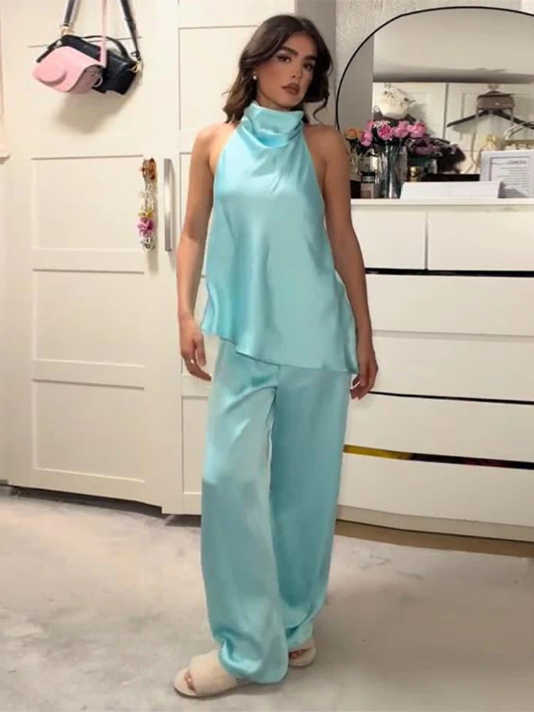 Turquoise Satin Cowl Neck Halter Top And Wide Leg Pants 2 Piece Set For Women