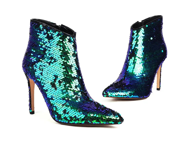 Sequined Pointed Toe Ankle Boots with Stiletto Heels for Women