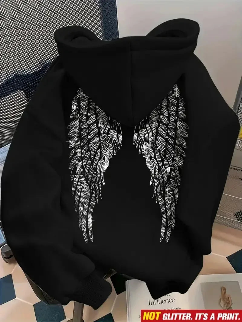 Wing Print Rhinestone Long Sleeve Pullover Hoodie for Women