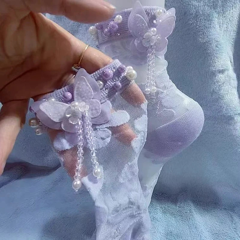 Elegant Crystal Beaded Tassel Pearl Socks for Women