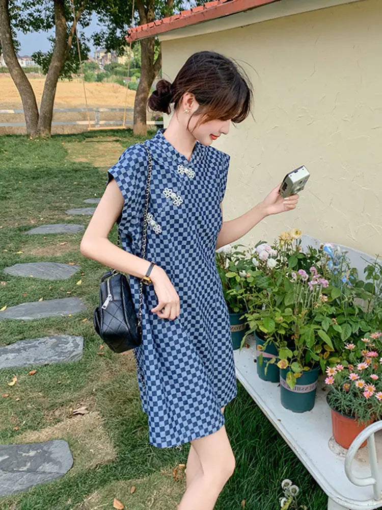 Checkered Ethnic Style Summer Lightweight A Line Dress for Women