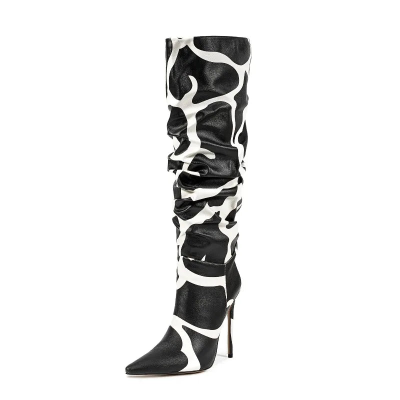 Stylish Zebra Print Pleated Knee-High Boots for Women