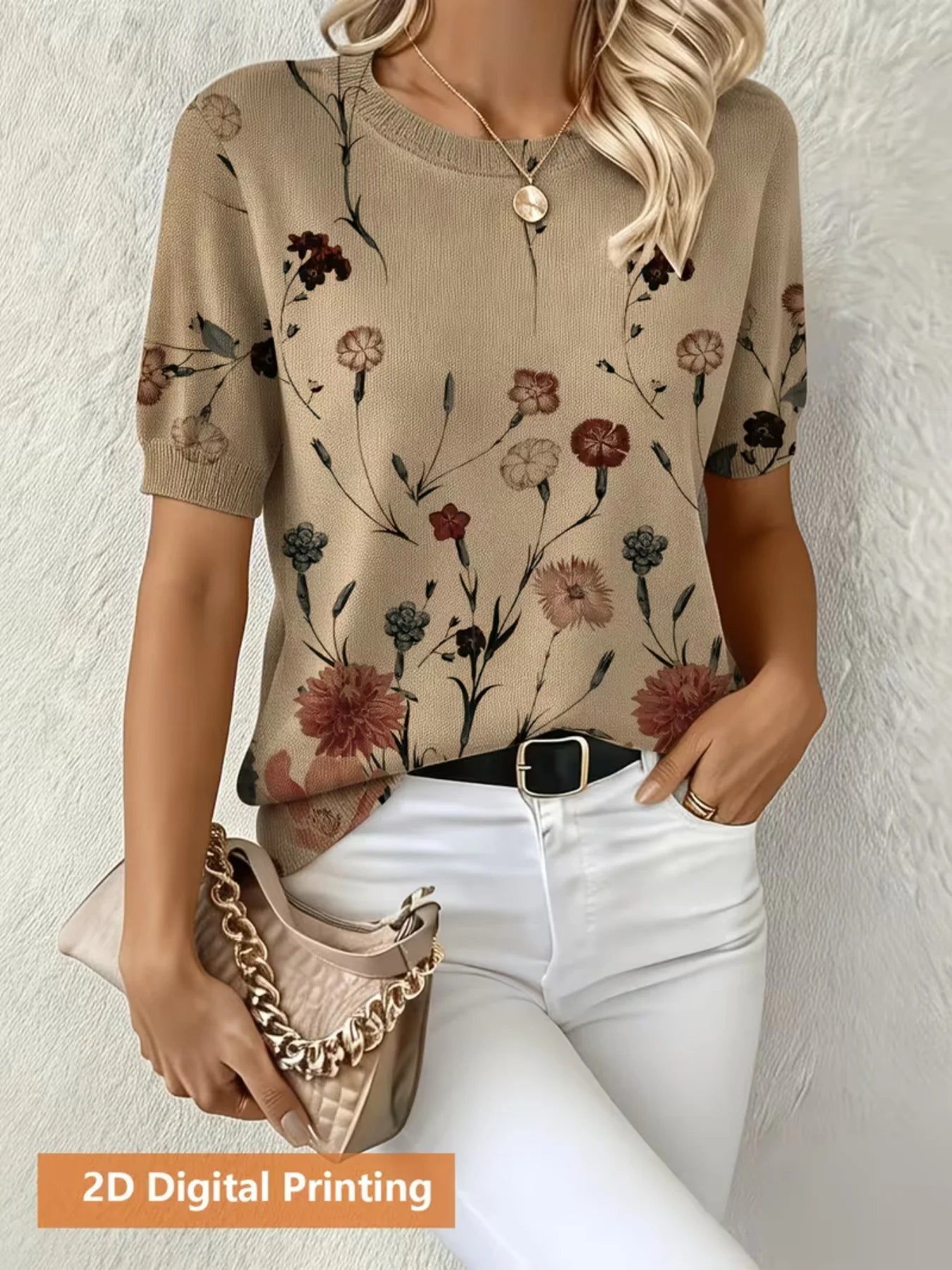 Trendy Digital Print Short Sleeve Pullover Top for Women