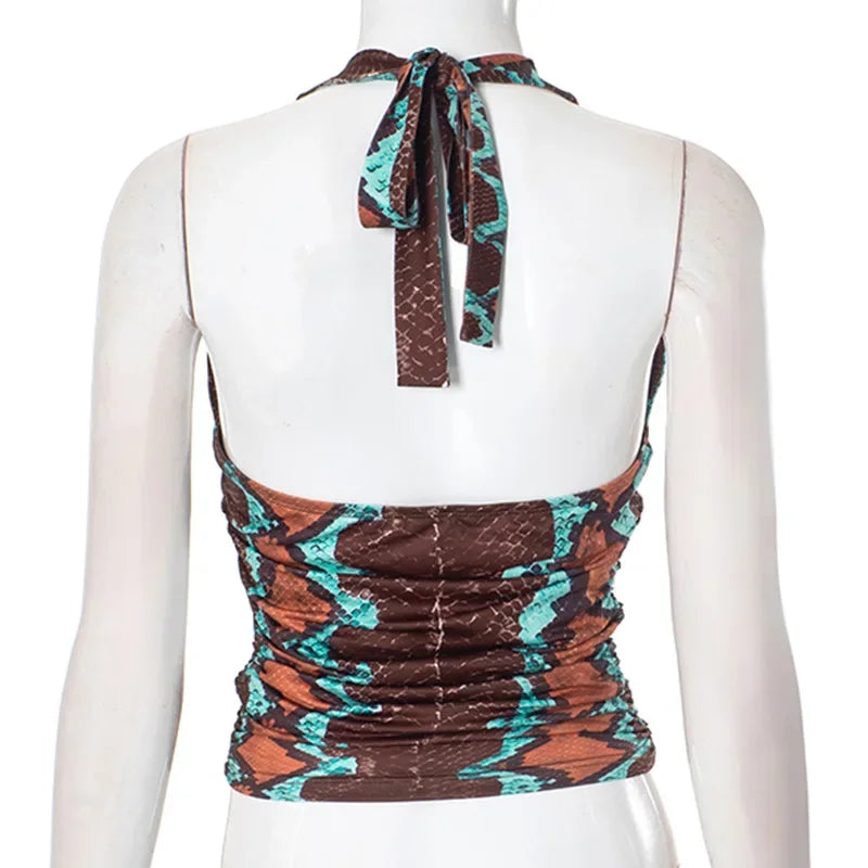 Aesthetic Print Pleated Halter Backless Crop Top for Women