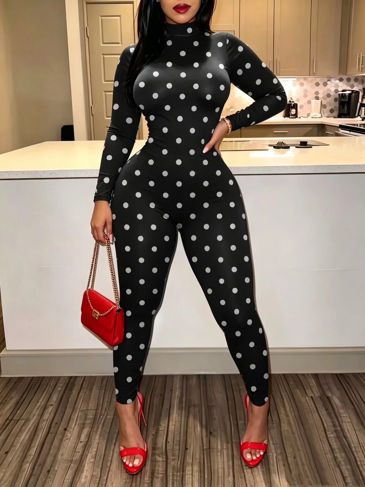 Polka Dot High Neck Long Sleeve Jumpsuit for Women