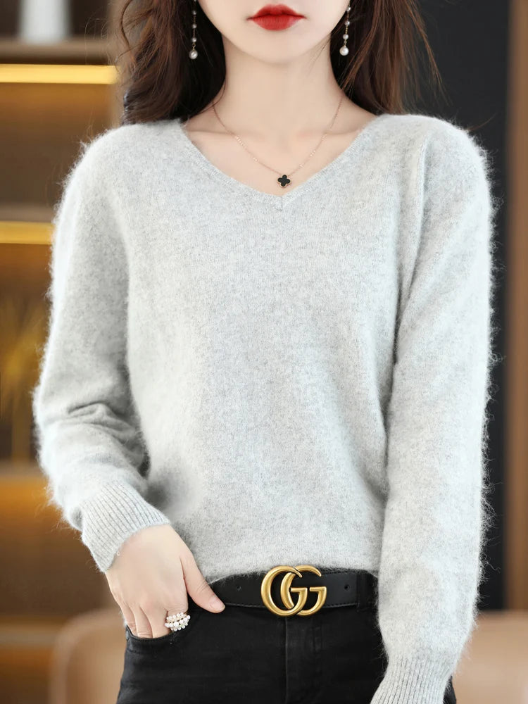 Soft Warm Loose Fit V Neck Cashmere Sweater for Women