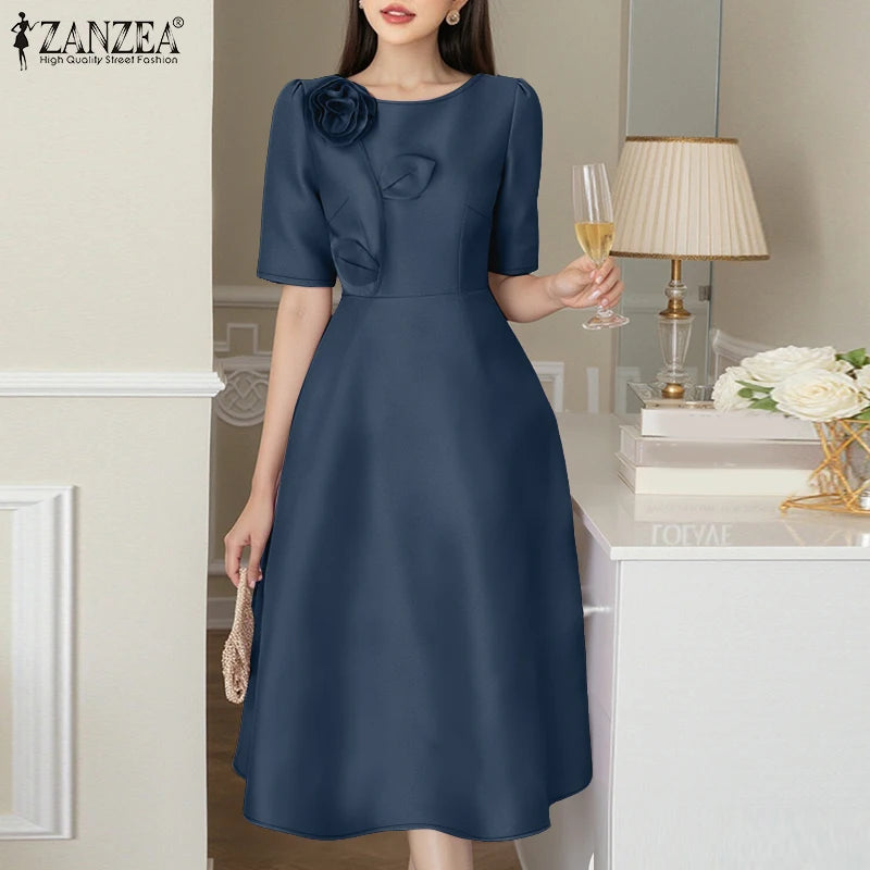 Satin Floral Applique Midi Dress
