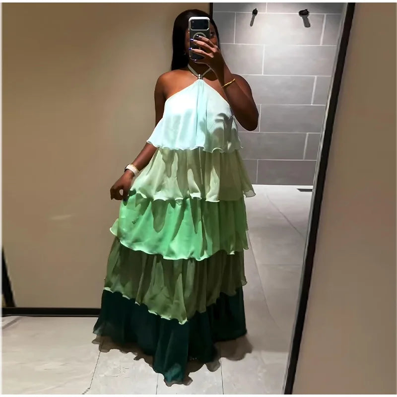 Flowy Gradient Halter Off Shoulder Ruffle Maxi Dress for Women