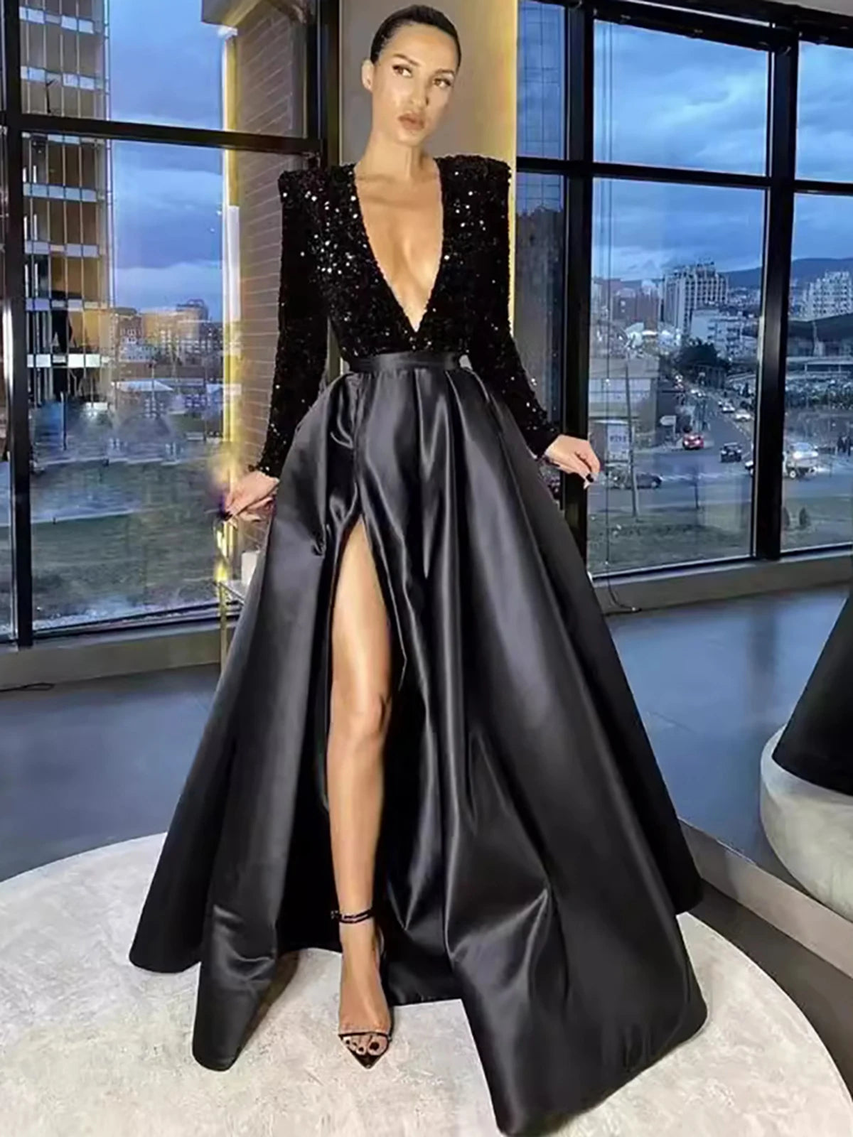 Sequin Deep V Neck Floor Length Evening Dress for Women