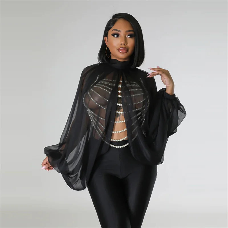 Printed Batwing Sleeve Chiffon Blouse With Sheer Front for Women