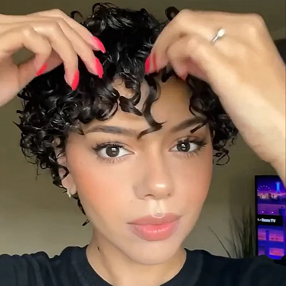 Black Kinky Curly Pixie Remy Human Hair Wig for Women