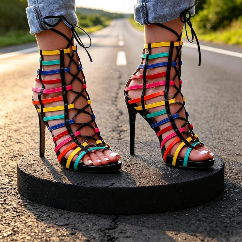 Strappy Hollow Open Toe Sandals With Back Zipper And Thin High Heels For Women