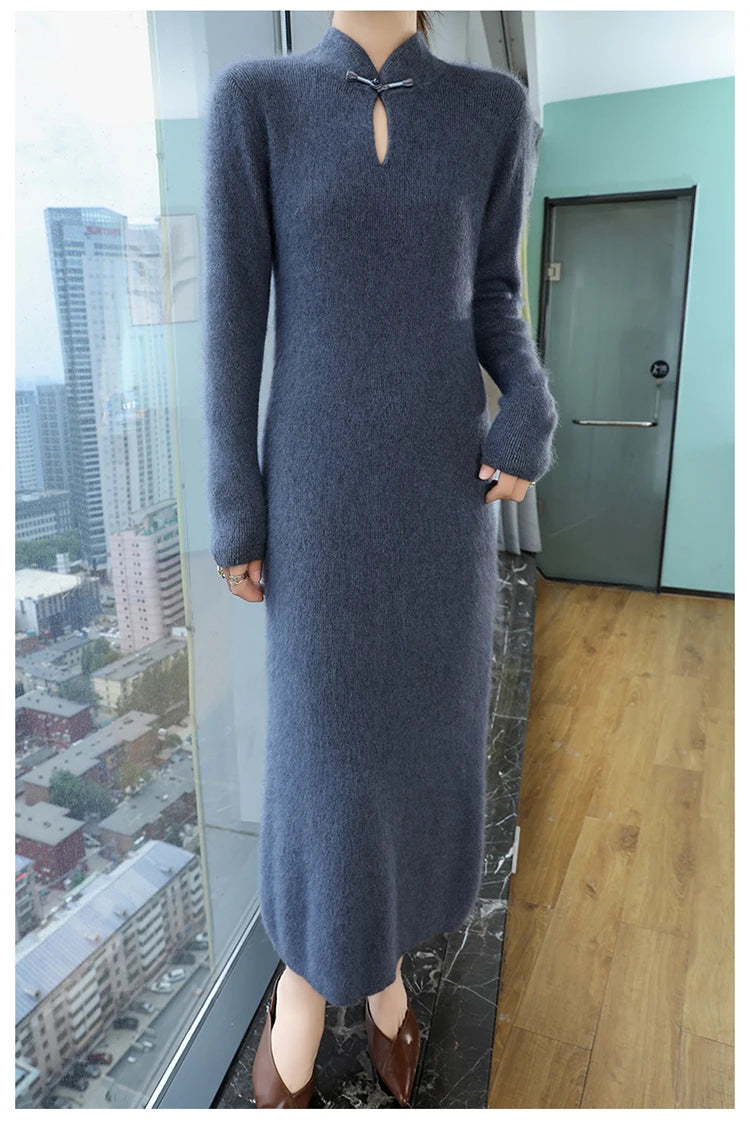 Cashmere Knit Dress with Stand Up Collar and Buckle for Women