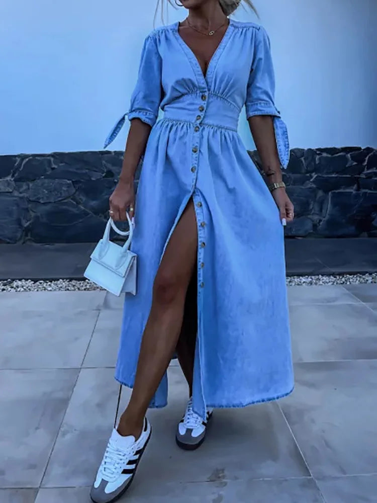 Spring Summer V Neck Fashion Maxi Dress, Women Half Sleeve Elegant Simple Party Dress, Single-Breasted Chic Ladies Dress Vestido