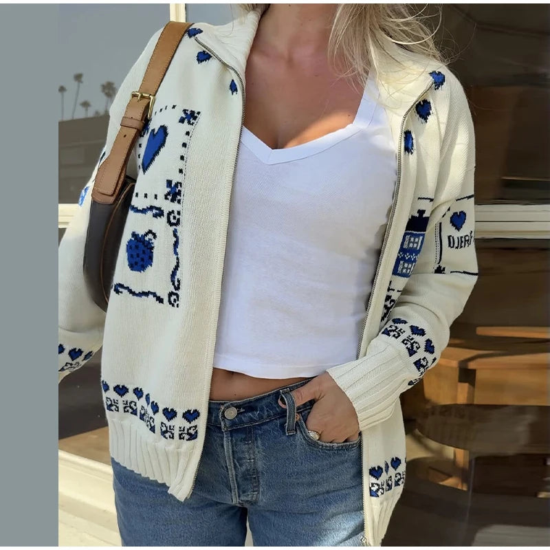 Blue Jacquard Stand Collar Zipper Cardigan for Women