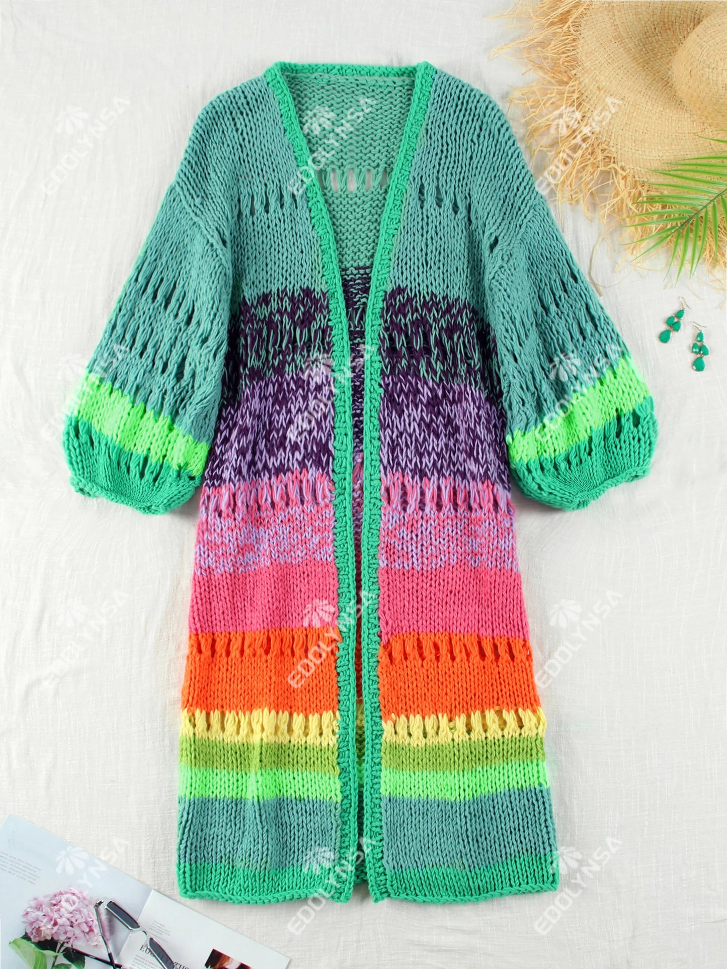 Boho Colorful Luxuriously Handknit Bell Sleeve Crochet Loose Kimono Cardigan 2024 Women Fall Winter Coat Beach Coverup Dress K12