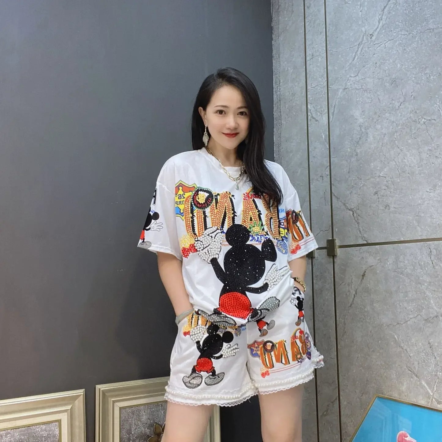 Heavy Industry Rhinestone Hot Fixed Short Sleeve T-shirt Summer New Casual Suit Top and Shorts 2 Piece Sets Womens Outfits