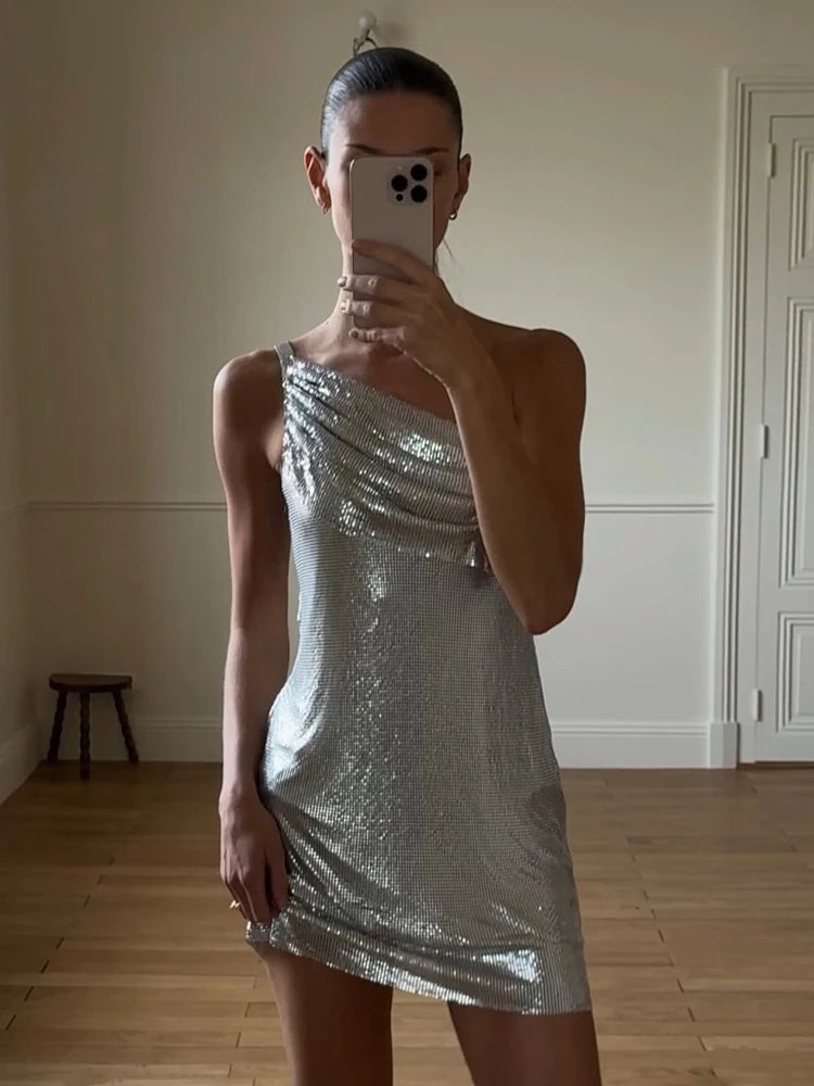 Shiny Ruched Off Shoulder Backless Mini Dress for Women