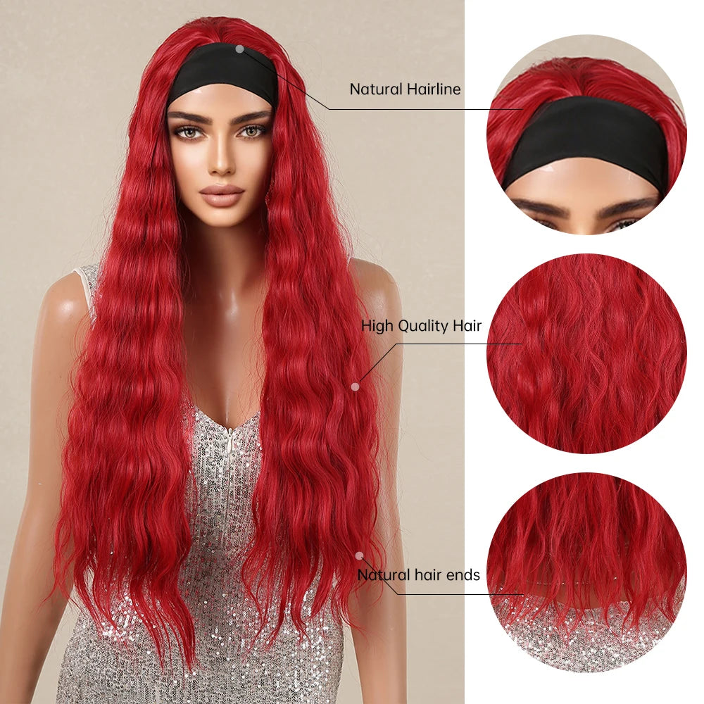 Long Red Body Wave Headband Synthetic Wig for Women