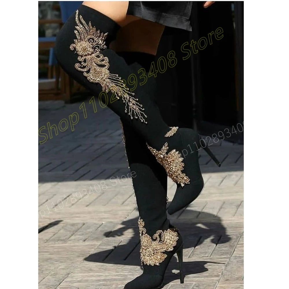 Elegant Gold Crystal Pattern Suede Stiletto Over The Knee Boots For Women
