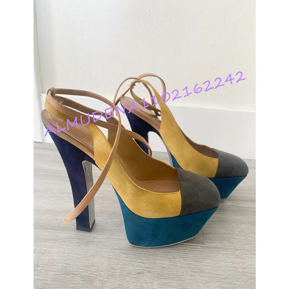 Round Toe Block Heel Platform Slingback Pumps for Women