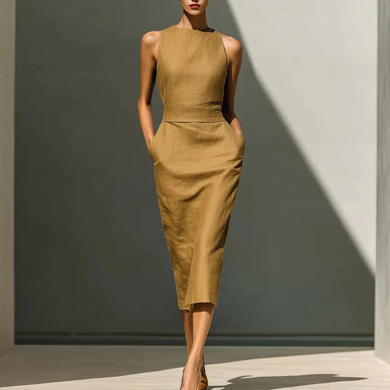 Elegant Sleeveless High Waist Sheath Midi Dress for Women