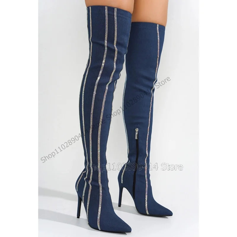 Crystal Striped Pointed Toe Side Zipper Boots for Women