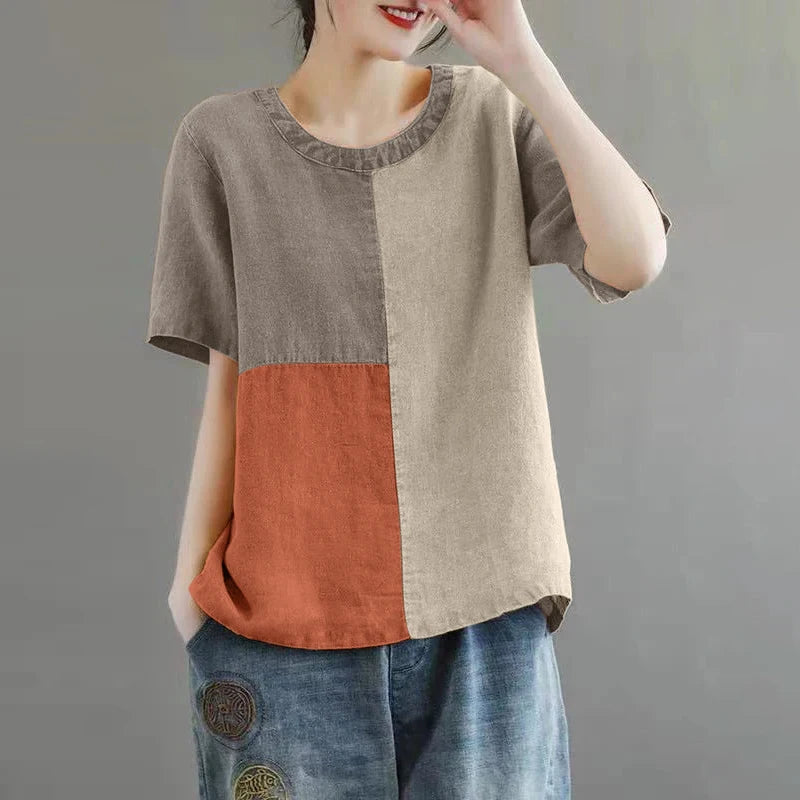 ZANZEA Women Patchwork Blouse 2024 Summer Short Sleeve Tunics Fashion Round Neck Shirts Casual Loose Holiday Cotton Linen Tops