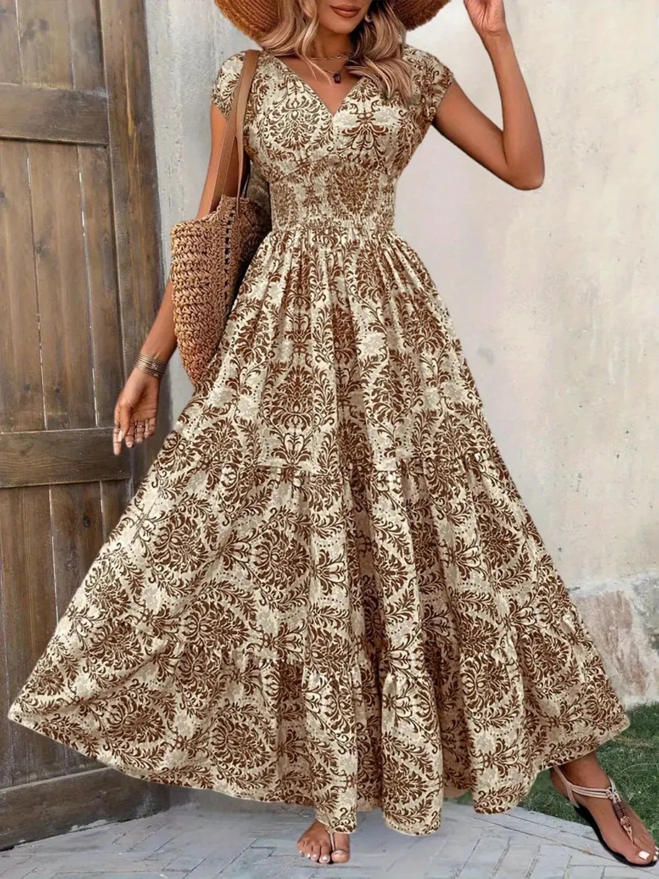 Bohemian Floral Printed V Neck Midi Dress For Women