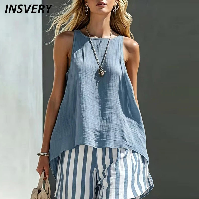 Casual Summer Sleeveless Vest And Shorts Two Piece Set for Women