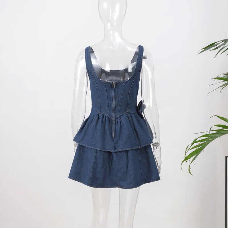 Chic Summer 3d Floral Denim Mini Dress Vintage A Line Halter High Street Sling Dress Vesidos Fashion New Lady Clothing Dress