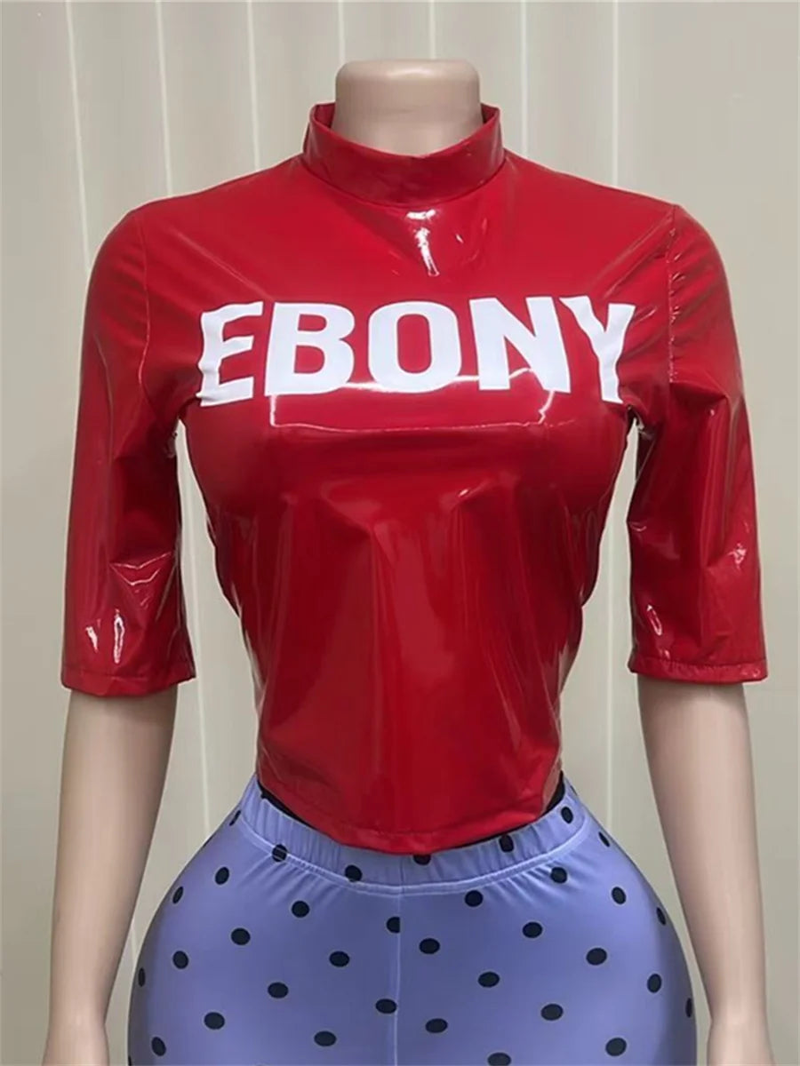 Short Sleeve Faux Leather Turtleneck Top for Women