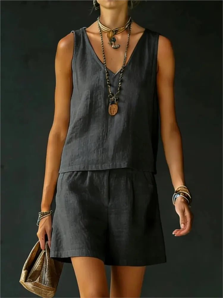 Cotton Linen Summer Casual Vest and Shorts Set for Women