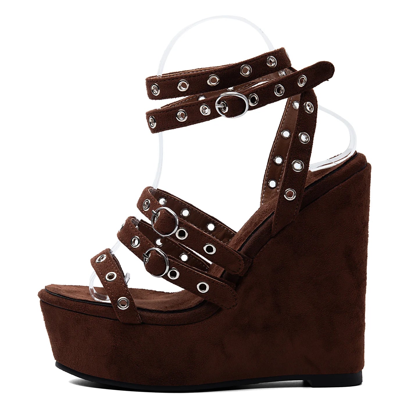 Brown Suede Wedge Platform Sandals with Ankle Wrap for Women