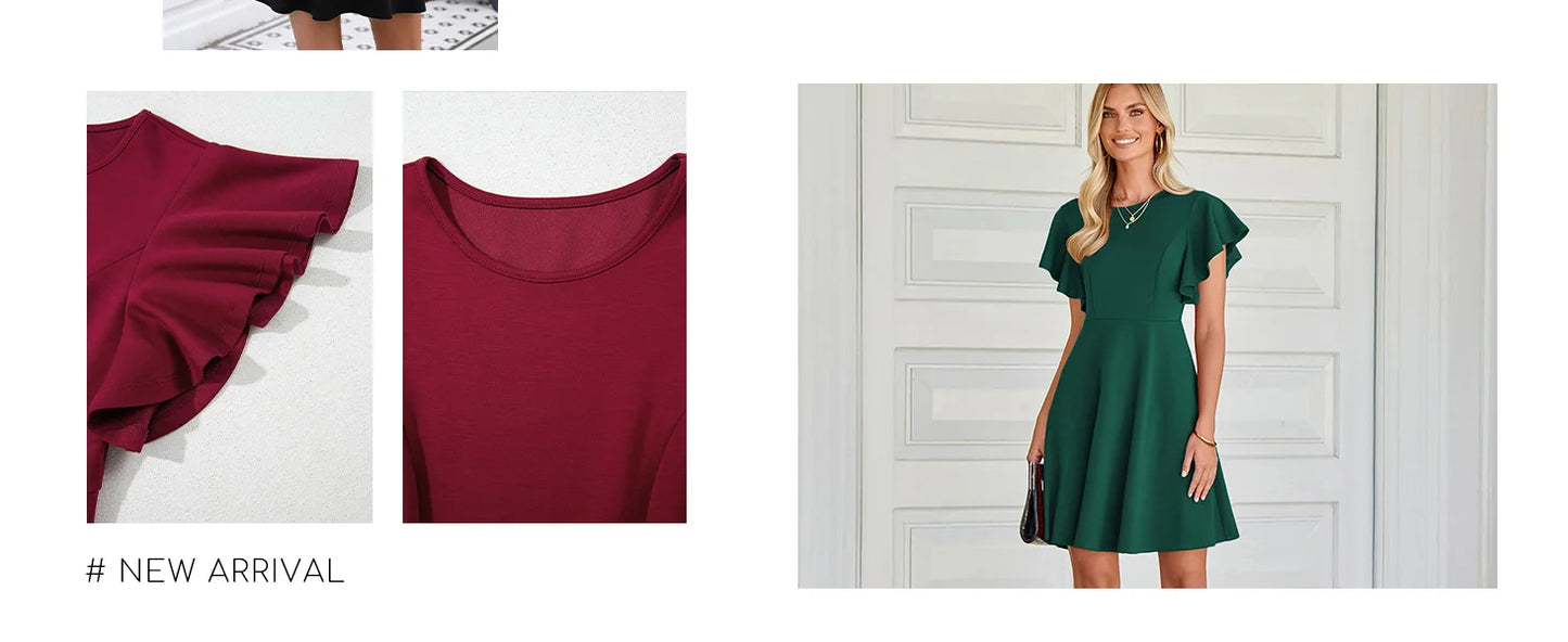 Summer 2025 Women's Dresses Elegant Vintage Ruffle Sleeve Flared A Line Swing Round-Neck Casual Party Cocktail Dress Women Cloth