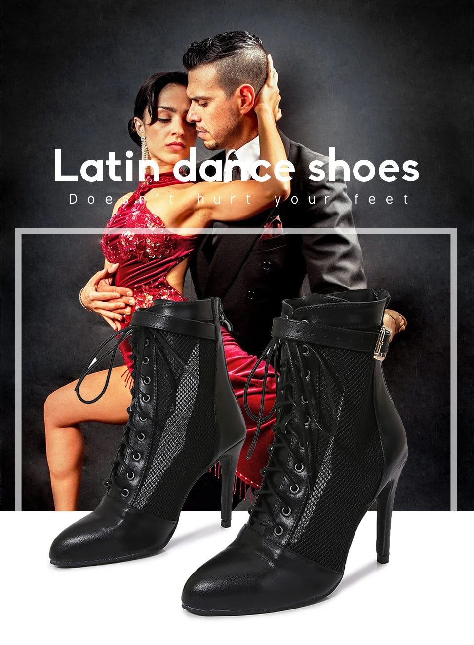 Black Mesh Latin Dance Booties With High Heels for Women