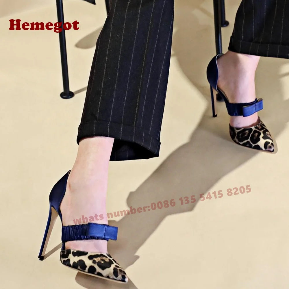 Leopard Bow Detail Blue Satin Pumps Pointed Toe for Women