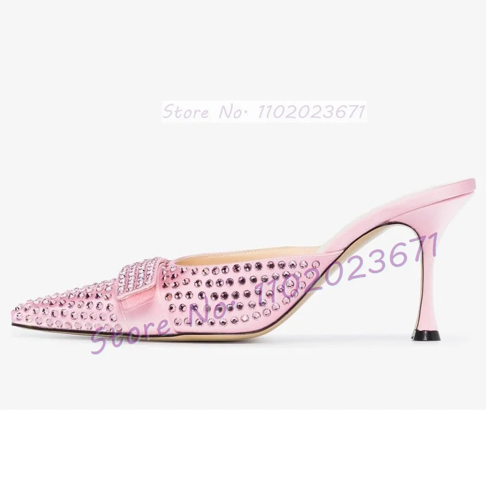 Full Rhinestones Satin Point Toe Slippers Women Sweet Solid Heels Knotted Slippers Elegant Shiny Crystal Custom Color Shoes