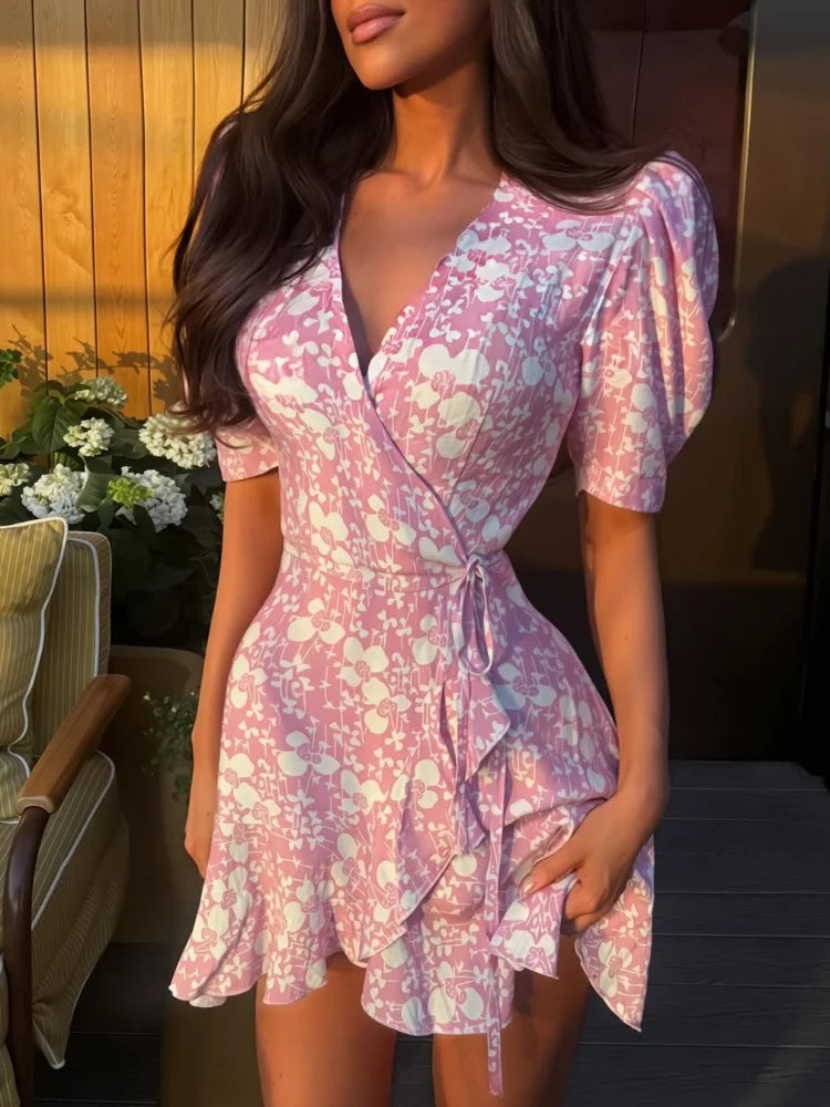 Floral Printed Lace Up Puff Sleeve Mini Dress for Women